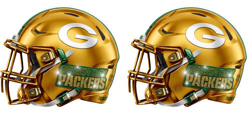 Twin metallic gold football helmets with green accents and a letter G graphic UV DTF transfer for a 16oz glass can