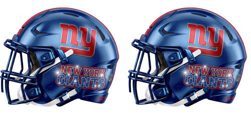 Twin royal blue football helmets with red accents and a lowercase ny lettering graphic UV DTF transfer for a 16oz glass can