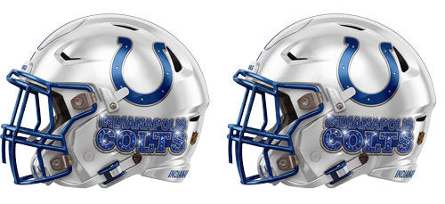 Twin white football helmets with royal blue accents and a horseshoe emblem graphic UV DTF transfer for a 16oz glass can