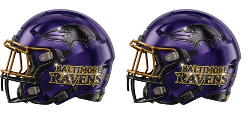 Twin purple football helmets with black accents and a raven emblem graphic UV DTF transfer for a 16oz glass can