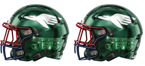 Twin forest green football helmets with white accents and a jet motif graphic UV DTF transfer for a 16oz glass can