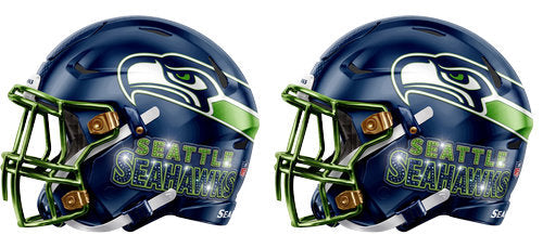 Twin navy football helmets with neon green accents and a hawk head graphic UV DTF transfer for a 16oz glass can