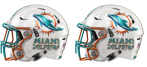 Twin white football helmets with aqua and orange accents and a dolphin silhouette graphic UV DTF transfer for a 16oz glass can