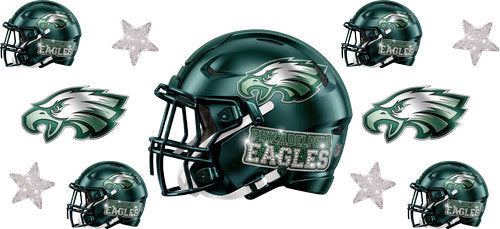 Midnight Green football helmet with matching mini helmets, eagle wing emblems and silver stars UV DTF transfer for a 16oz glass can