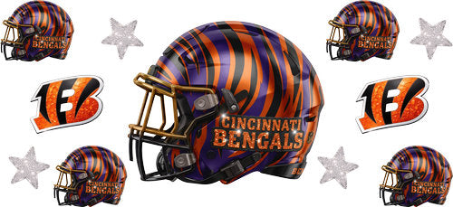 Orange football helmet with matching mini helmets, striped helmet emblems and silver stars UV DTF transfer for a 16oz glass can