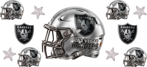 Silver football helmet with matching mini helmets, shield emblem emblems and silver stars UV DTF transfer for a 16oz glass can
