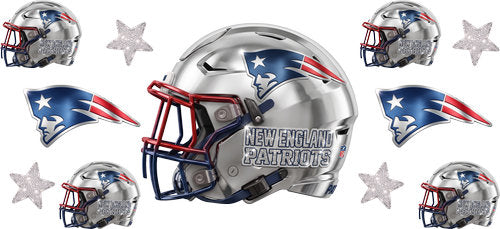 Silver football helmet with matching mini helmets, patriotic star emblems and silver stars UV DTF transfer for a 16oz glass can