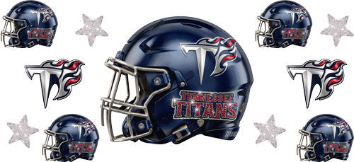 Navy football helmet with matching mini helmets, stylized sword emblems and silver stars UV DTF transfer for a 16oz glass can