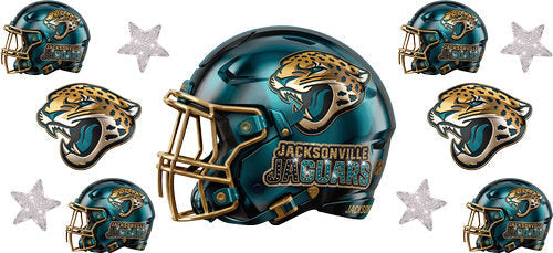 Teal football helmet with matching mini helmets, jaguar head emblems and silver stars UV DTF transfer for a 16oz glass can