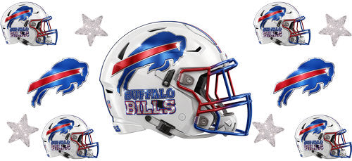 White football helmet with matching mini helmets, charging buffalo emblems and silver stars UV DTF transfer for a 16oz glass can