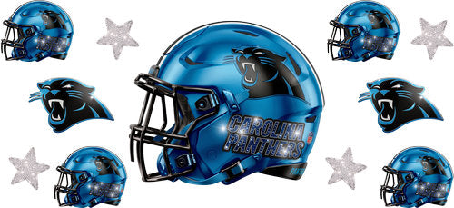Electric Blue football helmet with matching mini helmets, panther silhouette emblems and silver stars UV DTF transfer for a 16oz glass can