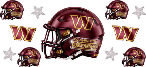 Burgundy football helmet with matching mini helmets, bold W letter emblems and silver stars UV DTF transfer for a 16oz glass can
