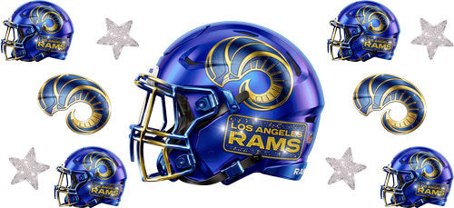 Royal Blue football helmet with matching mini helmets, spiral horn emblems and silver stars UV DTF transfer for a 16oz glass can