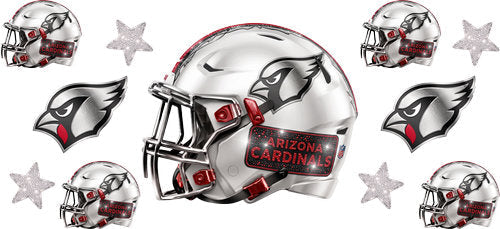 White football helmet with matching mini helmets, bird head emblems and silver stars UV DTF transfer for a 16oz glass can