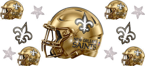 Metallic Gold football helmet with matching mini helmets, fleur-de-lis emblems and silver stars UV DTF transfer for a 16oz glass can