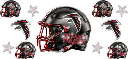 Black football helmet with matching mini helmets, falcon silhouette emblems and silver stars UV DTF transfer for a 16oz glass can