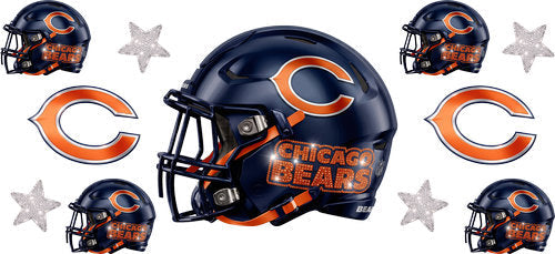 Navy football helmet with matching mini helmets, block C emblem emblems and silver stars UV DTF transfer for a 16oz glass can