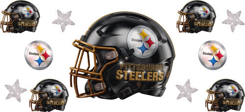Black football helmet with matching mini helmets, steel diamond emblems and silver stars UV DTF transfer for a 16oz glass can