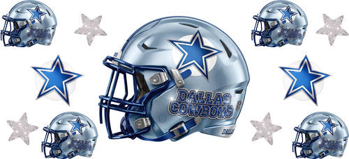 Silver Blue football helmet with matching mini helmets, star emblem emblems and silver stars UV DTF transfer for a 16oz glass can