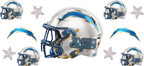 White football helmet with matching mini helmets, lightning bolt emblems and silver stars UV DTF transfer for a 16oz glass can