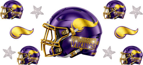 Purple football helmet with matching mini helmets, horn emblem emblems and silver stars UV DTF transfer for a 16oz glass can