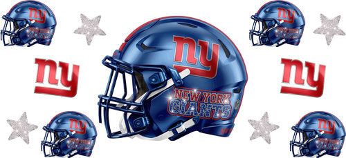 Royal Blue football helmet with matching mini helmets, lowercase ny lettering emblems and silver stars UV DTF transfer for a 16oz glass can