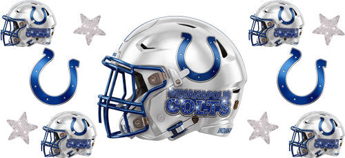 White football helmet with matching mini helmets, horseshoe emblem emblems and silver stars UV DTF transfer for a 16oz glass can