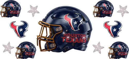 Navy football helmet with matching mini helmets, bull head emblems and silver stars UV DTF transfer for a 16oz glass can