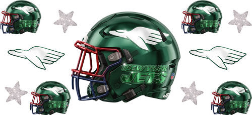 Forest Green football helmet with matching mini helmets, jet motif emblems and silver stars UV DTF transfer for a 16oz glass can