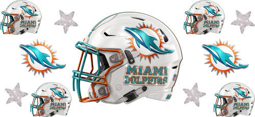 White football helmet with matching mini helmets, dolphin silhouette emblems and silver stars UV DTF transfer for a 16oz glass can