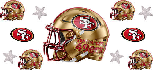 Metallic Gold football helmet with matching mini helmets, oval monogram emblems and silver stars UV DTF transfer for a 16oz glass can