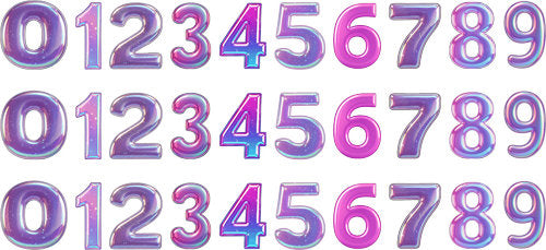 Repeated rows of shimmering purple, lilac and blue numerals from zero to nine cup wrap design for a 16oz glass can