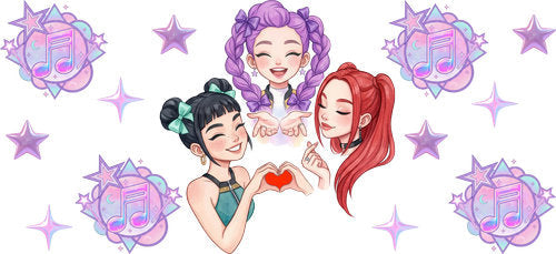 Three expressive illustrated faces with pink-purple badges and sparkling star decorations cup wrap design for a 16oz glass can