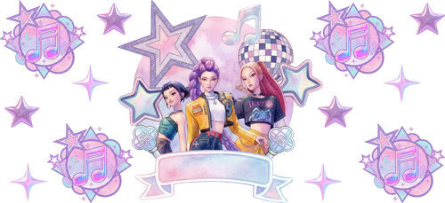 A three-performer illustration framed by pink-purple starbursts and a ribbon-shaped stage banner cup wrap design for a 16oz glass can