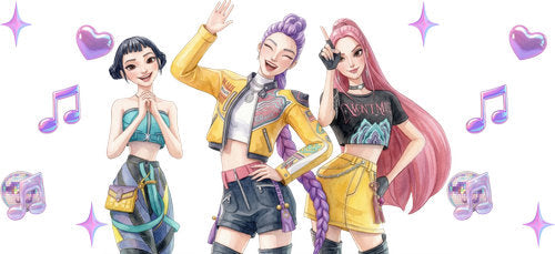Three colorful female pop performers with lifted hands, hearts and sparkling purple music decorations cup wrap design for a 16oz glass can
