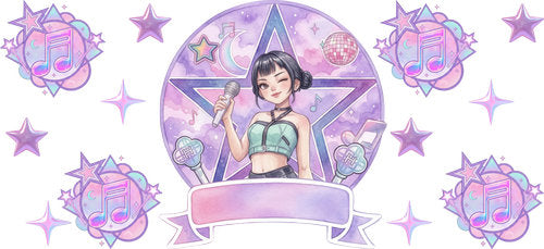 A single animated female performer in a circular lavender star medallion with repeated decorative emblems cup wrap design for a 16oz glass can