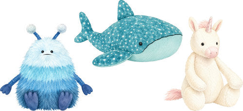 Blue Fantasy Creature and Whale plush animal design UV DTF transfer for glass can