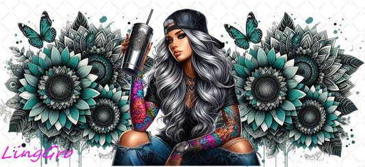 Badass Tattoo Girl 16oz UV DTF TRANSFER Libbey Glass Can Cup Wrap-KA-266