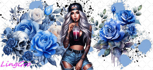 Badass Tattoo Girl 16oz UV DTF TRANSFER Libbey Glass Can Cup Wrap-KA-369