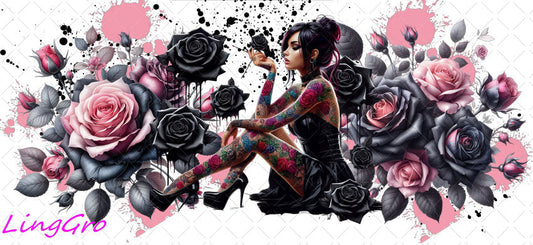 Badass Tattoo Girl 16oz UV DTF TRANSFER Libbey Glass Can Cup Wrap-KA-372