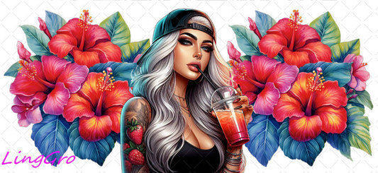 Badass Tattoo Girl 16oz UV DTF TRANSFER Libbey Glass Can Cup Wrap-KA-387