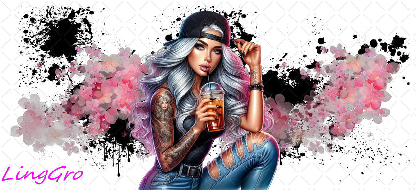 Badass Tattoo Girl 16oz UV DTF TRANSFER Libbey Glass Can Cup Wrap-KA-389
