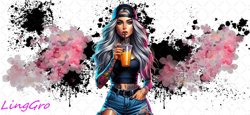 Badass Tattoo Girl 16oz UV DTF TRANSFER Libbey Glass Can Cup Wrap-KA-390