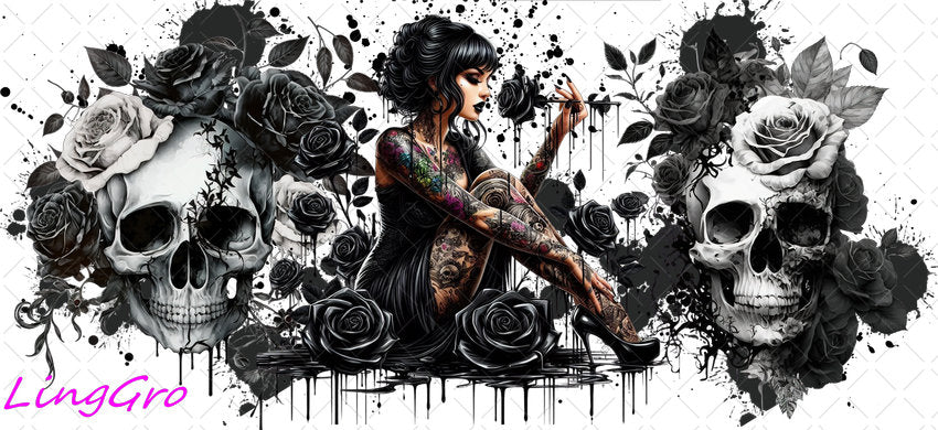 Badass Tattoo Girl 16oz UV DTF TRANSFER Libbey Glass Can Cup Wrap-KA-412