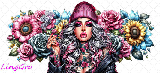 Badass Tattoo Girl 16oz UV DTF TRANSFER Libbey Glass Can Cup Wrap-KA-418