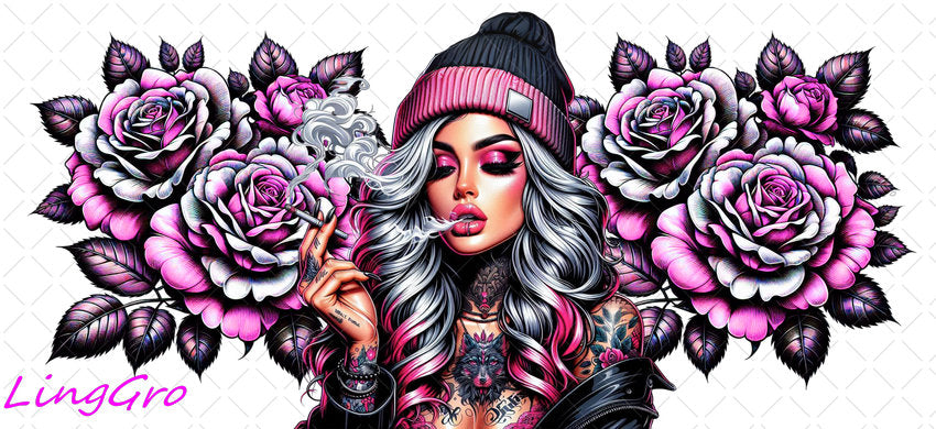 Badass Tattoo Girl 16oz UV DTF TRANSFER Libbey Glass Can Cup Wrap-KA-419