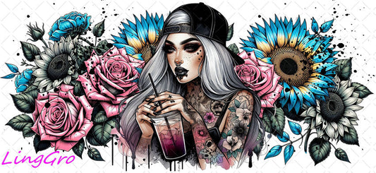 Badass Tattoo Girl 16oz UV DTF TRANSFER Libbey Glass Can Cup Wrap-KA-450