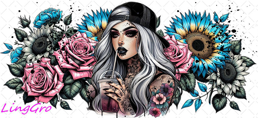 Badass Tattoo Girl 16oz UV DTF TRANSFER Libbey Glass Can Cup Wrap-KA-451