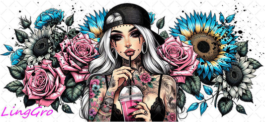 Badass Tattoo Girl 16oz UV DTF TRANSFER Libbey Glass Can Cup Wrap-KA-453
