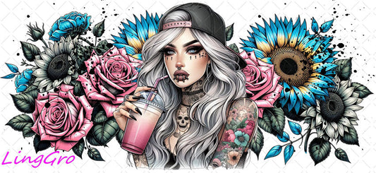 Badass Tattoo Girl 16oz UV DTF TRANSFER Libbey Glass Can Cup Wrap-KA-454